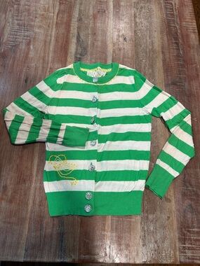 Knitted Dove VTG Green and Cream Striped Cardigan with Embroidered Dove